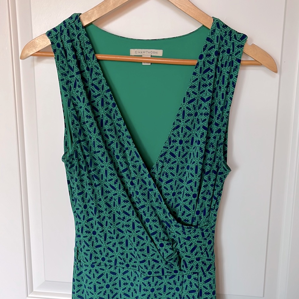 Green & Navy Blue Wrap Dress with Tie Sash